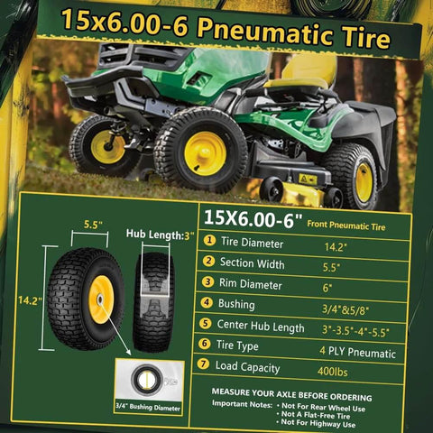 Front Tire And Wheel Assembly 15x6.00-6 For Riding Lawn Mowers, 2 Pack, Pneumatic 4-Ply Front Tires With 3 Inch Centered Hub