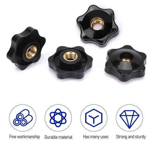 Set Of 10 Six Star Knobs 1/4-20 Hex Head T Knobs For Clamp Jigs And Fixtures showing black knobs with brass inserts