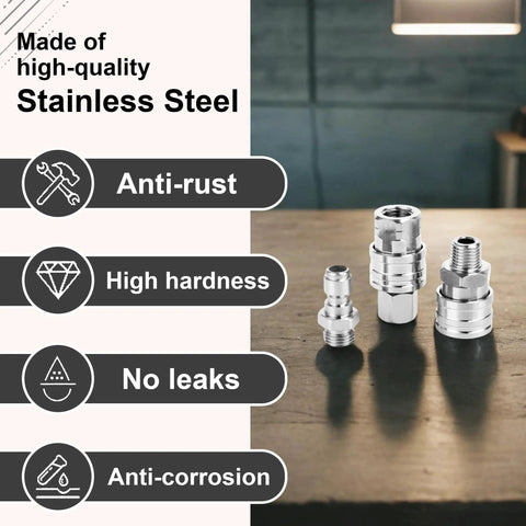 One Quarter Inch Quick Connect Pressure Washer Fittings Set With Stainless Steel Adapters, NPT Female And Male, Rust Proof