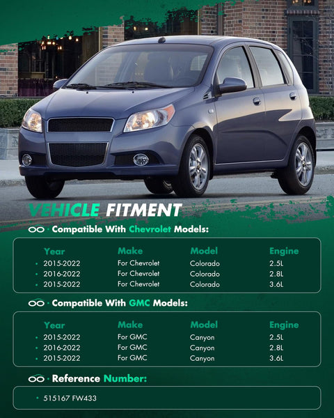 Chevrolet car with vehicle fitment chart for Colorado 2015-2022 and GMC Canyon 2015-2022, detailing engine types and models.