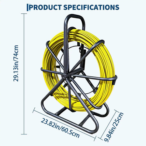 Fiberglass Fish Tape Pro Duct Rodder with Heavy Duty Cable Puller on Steel Stand for wire installation, dimensions shown.