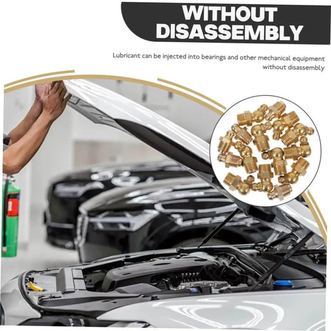 Grease Fitting Assortment Kit For Vehicles Trucks Applications With All In One Lubrication Nozzles For Automotive Motorcycle Farm Equipment And Machinery Bearings Solves Incompatibility Issues And Keeps Grease Fittings Working Smoothly shown with open car hood and fittings.