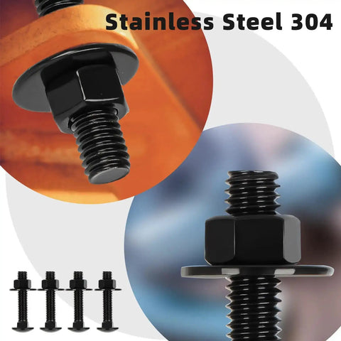 Close-up of 1/4-20 x 1-1/2 Inch Carriage Bolt Kit in Stainless 304 showing round head, hex nut, and flat washer black finish