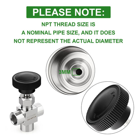 TAISHER 3-way needle valve, 304 stainless steel, 1/8" NPT female, front view with black knob for flow control