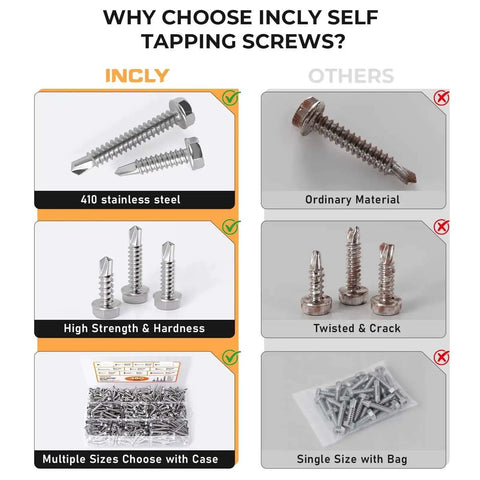 Comparison of Heavy Duty Self Tapping Screws For Metal In 410 Stainless Steel vs others; features include strength, case, and material quality.