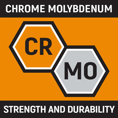 Chrome molybdenum graphic emphasizing strength and durability for One Half Inch Drive Standard Impact Socket 24mm Six Point Heavy Duty.