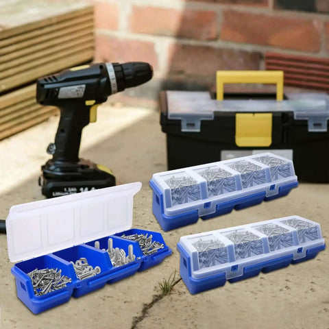 12 Pack Screw Organizer Boxes With Lids, Four-Compartment Dividers, Blue Toolbox Style Storage Case For Garage And Workshop shown outdoors with tool and toolbox