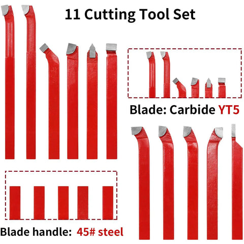11 Piece Carbide Tip Cutter Bit Set For Metal Lathe Tooling And CNC Lathe Projects, Durable YT5 Carbide Blades With 45 Steel Handles