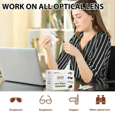 Woman using PreMoistened Lens Wipes For Eyeglasses And Camera Lenses Ammonia Free ScratchFree at work near a laptop