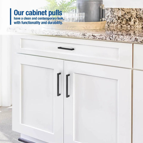 Installed Sleek Black Cabinet Pulls 5 Inch Square Drawer Handles 128mm Hole Centers 2 Pack for kitchen cabinets and closets
