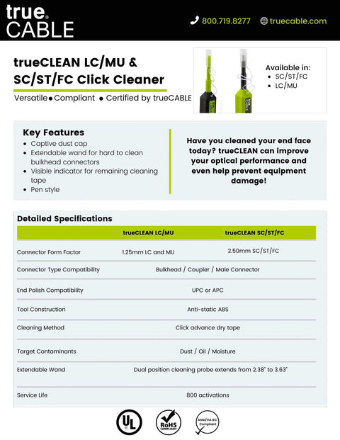 trueCABLE trueCLEAN LC/MU fiber optic dual-position pen cleaner, 1.25mm, green and black, 1 pc