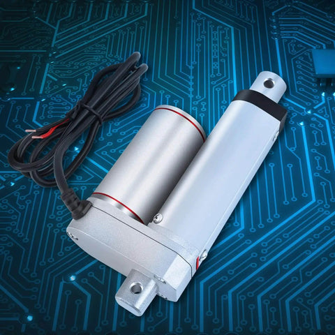 24V DC Linear Actuator Push Rod with 50mm Stroke and 750N Thrust IP54 Rated, shown on circuit background, ideal for auto lifting applications.