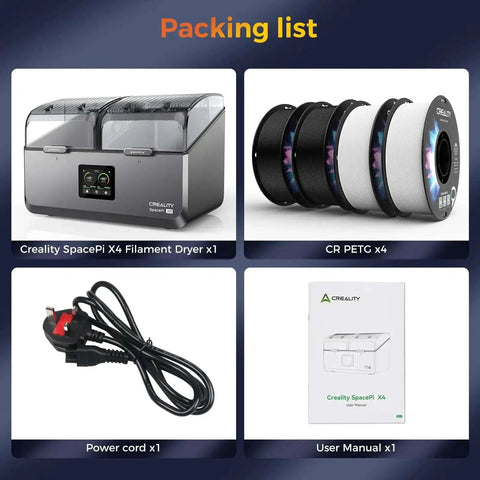 Packaging list showing Space Pi X4 Filament Dryer For Four Spools, four CR PETG spools, power cord, and user manual