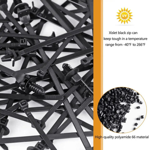 Universal Nylon Cable Tie Buckle Clips Kit 160 Pcs Self Locking Zip Ties with push pin anchors shown in black nylon.