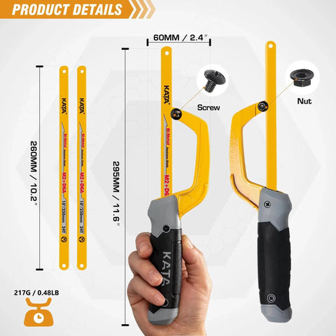 Compact Mini Hacksaw For Metal Cutting With 10 Inch Aluminum Frame And Two Bi Metal HSS Blades Lightweight Ergonomic Grip Easy Blade Change Perfect For Wood PVC Iron Copper And Other Small Cutting Jobs product details, showcasing blade measurements and ergonomic handle.