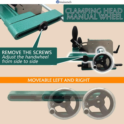 Close-up of Pro Grade Mortise And Tenon Jig for Table Saw with clamping head manual wheel and adjustment instructions
