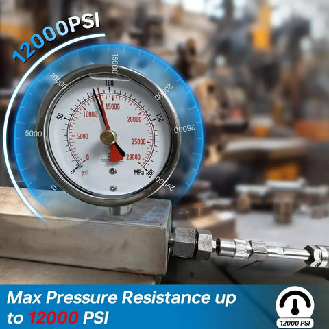 Pressure gauge showing up to 12000 PSI, highlighting the Heavy Duty 4 Jaw Quick Release Grease Gun Coupler's high pressure capability.