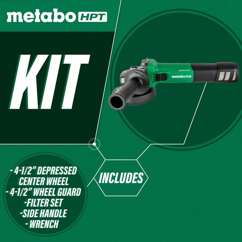 Powerful 4-1/2 Inch Angle Grinder With 12 Amp AC Brushless Motor, Variable Speed, 3-Position Side Handle, Kit Components Visible