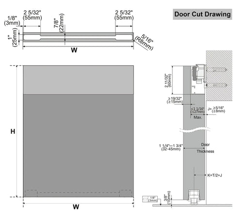 Technical drawing of Concealed Wall Mounted Sliding Barn Door Hardware Kit With Soft Close Mechanism, dimensions and details shown.