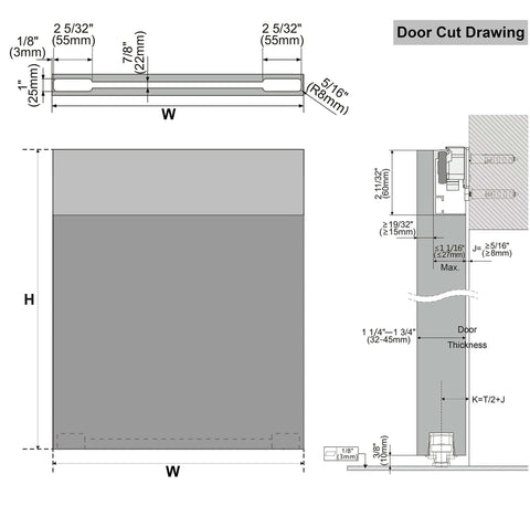 Technical drawing of Concealed Trackless Sliding Barn Door Hardware Kit with Soft Close, showing dimensions for installation.