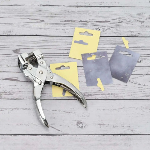 Heavy Duty T Slot Hole Punch Handheld Tool For ID Cards Plastic Cardstock Cardboard And PVC with sample punched cards on wood