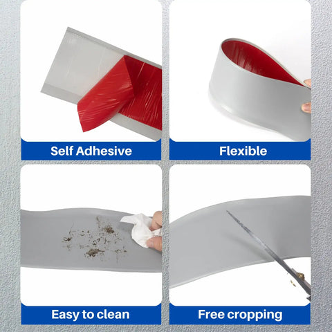 Flexible Baseboard Molding Trim 4 Inch By 20 Feet Self Adhesive Vinyl Wall Base Cove Base Peel And Stick Gray S100 showing self-adhesive, flexible material, and easy cleaning features.