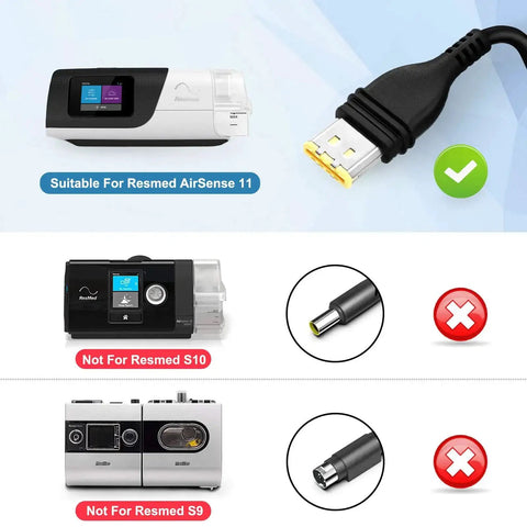 Diagram showing Beefy 65W 24V Power Supply For AirSense 11 CPAP compatibility; not suitable for ResMed S10, S9 models.