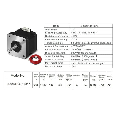 Five Pack Nema 17 Stepper Motors 17HS4401 Two Phase Bipolar 1.5A 59.5oz.in 42x42x38mm 4 Wire Cable One Meter specifications