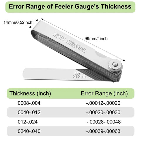 Stainless Steel Feeler Gauge Set With 32 Blades For Precise Valve And Spark Plug Gap Adjustment, shown folded with size details.