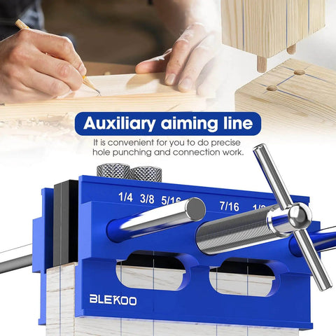 Upgraded 6.7 Inch Self Centering Doweling Jig Kit for precise wood joints with adjustable drilling guide, six bushings