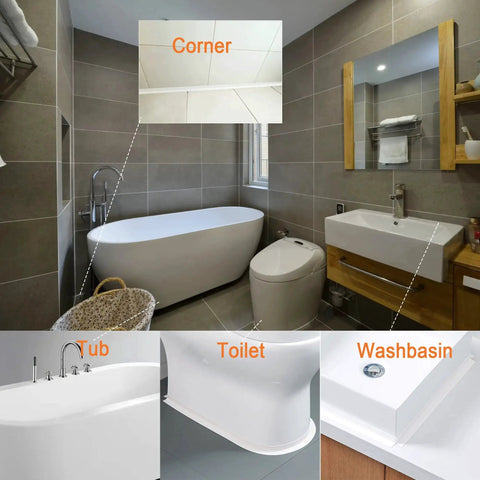 Waterproof Self Adhesive Sealant Tape For Bathrooms And Kitchen White shown sealing edges around a bathtub, toilet, and washbasin.