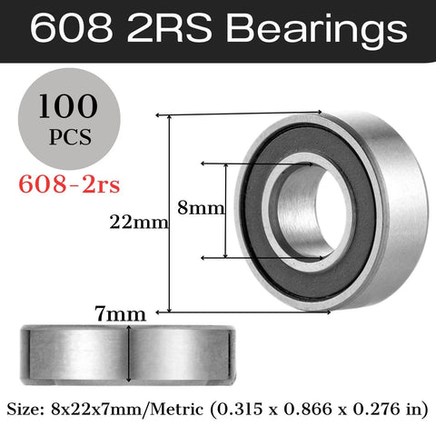Diagram showing size and dimensions of 608 RS Chrome Steel Ball Bearings 100 Pack 8x22x7mm Pre Lubricated Double Rubber Sealed ABEC 3