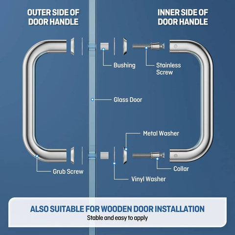 Diagram of Polished Chrome 6-Inch Tubular Back-To-Back Shower Door Handle For Glass And Wood Or Metal Doors installation.