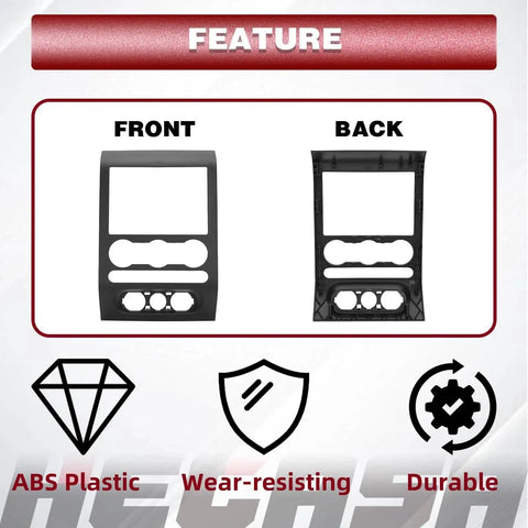 Front and back view of Center Dash Radio Bezel Trim Panel For 2004 To 2008 Ford F150 Replacement, ABS plastic