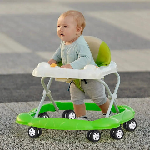 Baby in a green walker with 4 Pcs Baby Walker Wheel Replacement Casters With 0.3 Inch Mounting Hole for easy steering