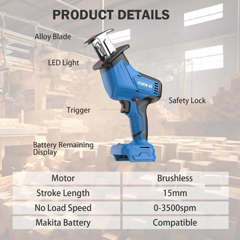 Cordless Reciprocating Saw With Powerful Brushless Motor, 20V, 3500 RPM, visible features labeled in warehouse setting
