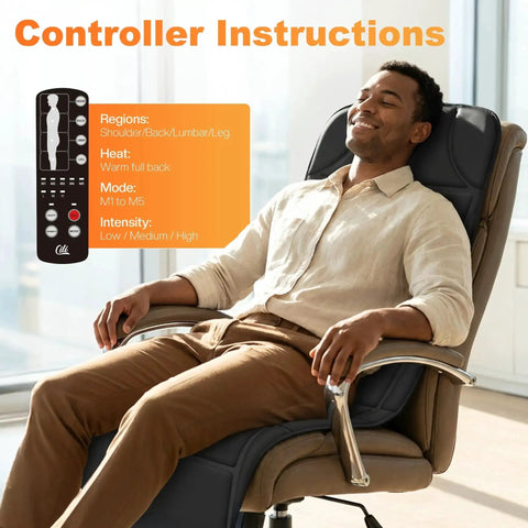 Man relaxing in chair with Full Body Massage Mat With Heat And Vibration 10 Motor Back Massage Pad, controller instructions visible