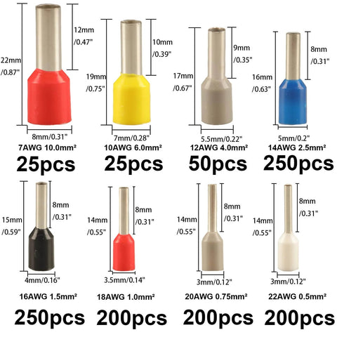 Assorted insulated copper ferrules from 1200 Piece Wire Ferrule And Terminal Kit With Eight Types Of Insulated Copper Crimp Connectors