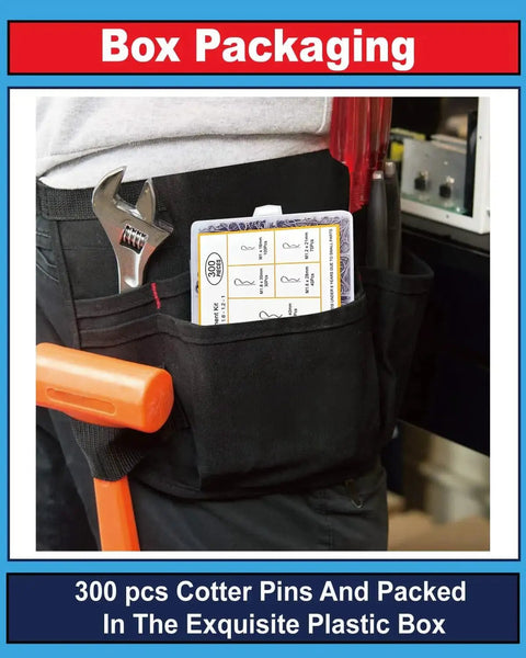 Toolbelt holding 300 Piece Cotter Pins Assortment Kit In 7 Sizes With 304 Stainless Steel R Clips for repairs and projects.
