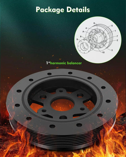 Harmonic Balancer Crankshaft Belt Drive Pulley Replacement For Ford Crown Victoria Lincoln Town Car Mercury Grand Marquis Thunderbird 1992-2000 F3AZ6316A OE Reference 594-081 Durable Easy Install shown with package details and diagram