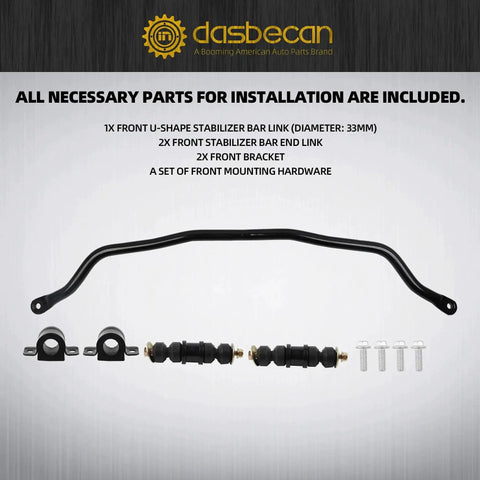 Dasbecan 927-100 front stabilizer bar link kit in black, includes sway bar, 2 end links, 2 brackets, mounting hardware