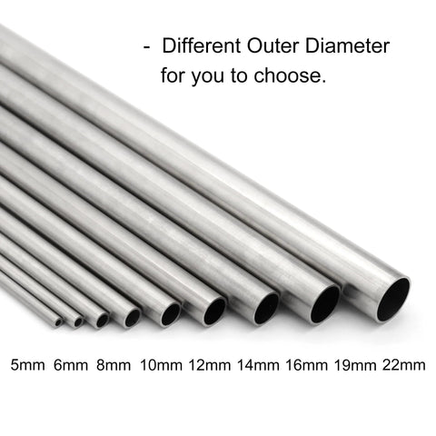 Stainless steel round tubing set, nine pieces with outer diameters from 5 to 22 mm, aligned in a row on a white background.