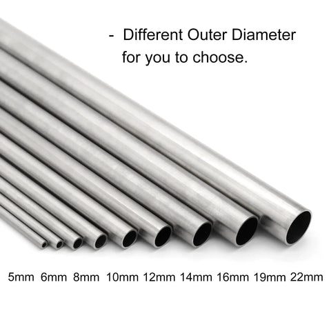 Assorted stainless steel round tubing with various outer diameters including 12mm, featuring rust resistant, seamless 304 grade.