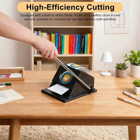 58mm Button Paper Cutter Punch Die Tool in use on wooden table, cutting paper for button maker projects, pro grade metal design