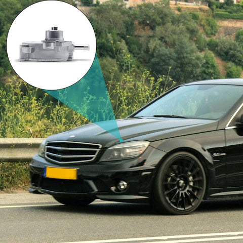 AULINK vacuum pump, OE replacement, metal automotive part shown beside a black Mercedes-Benz sedan.