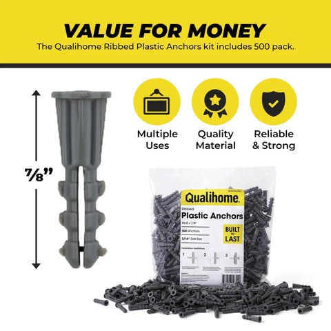 Ribbed Plastic Drywall Anchors For Secure Wall Fastening In Drywall Projects Bulk Pack Of Expandable Split Body Anchors For Drywall Size Six To Eight By Seven Eighths Inch Easy To Install With No Spinning