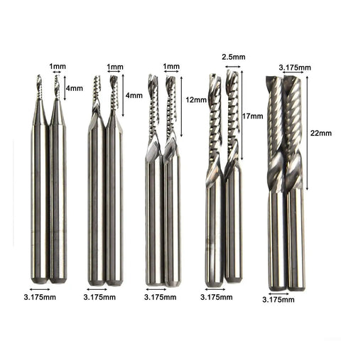 Carbide End Mill Set With 1/8 Inch Shank Single Flute Upcut Router Bits For CNC Milling Wood And Acrylic, 10 Piece Kit With 4mm 6mm 12mm 17mm 22mm Sizes, Fast Cutting, Smooth Edges, Beefy Pro Grade Heavy Duty Tooling