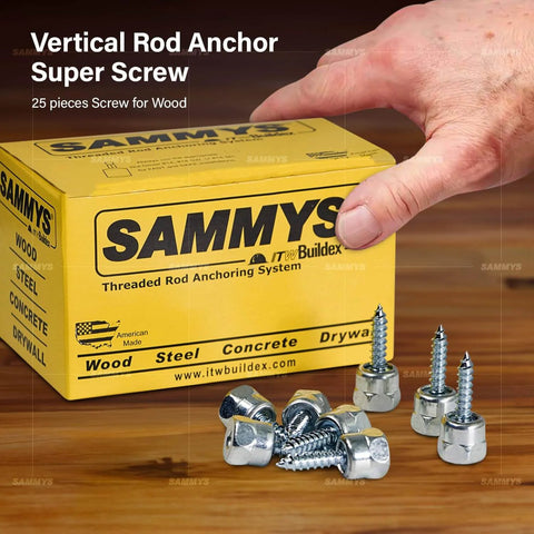 Woodwork Ready Quick Install Screw Anchor For One Quarter Inch Threaded Rod No Predrilling Required Steel With Zinc Finish One Quarter Inch By One Inch Screw Length Easy To Use Durable Wood Anchors Pack Of 25 For Fast Reliable Installations, box and screws display