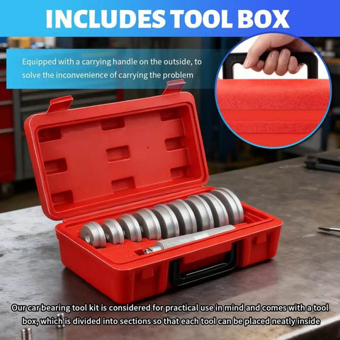Car Bearing Press Kit With 9 Size Adapters And Seal Driver For Damage Free Wheel Bearing Installations in red carry case