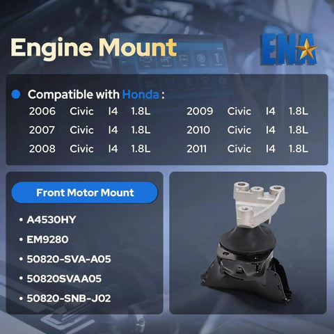 Honda Civic Front Right Engine Mount Replacement 2006 2007 2008 2009 2010 2011 1.8L L4 Direct Fit Easy Install OEM Style